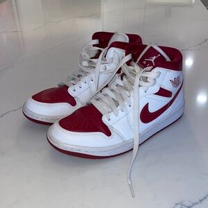 Jordans, Hightop, maroon/dark redish color and white